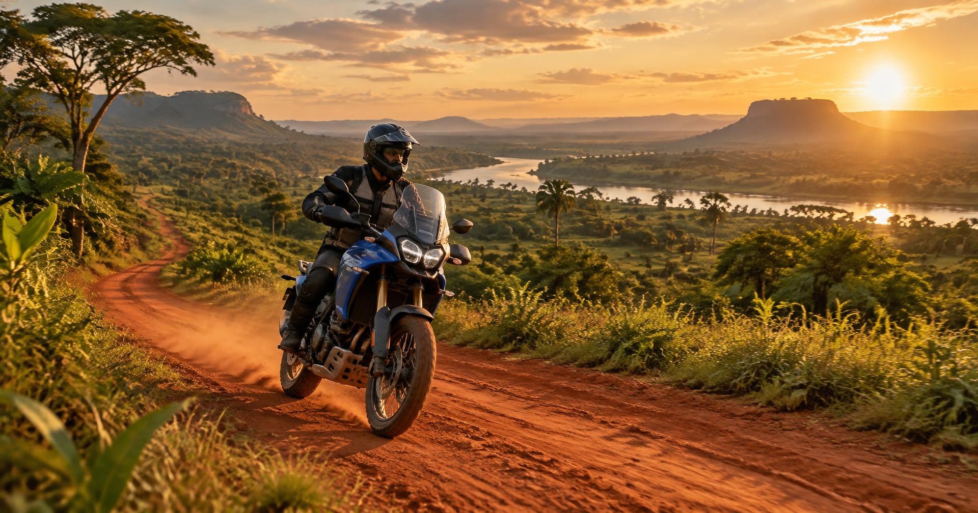 Motociclista recorriendo una carretera destapada al atardecer